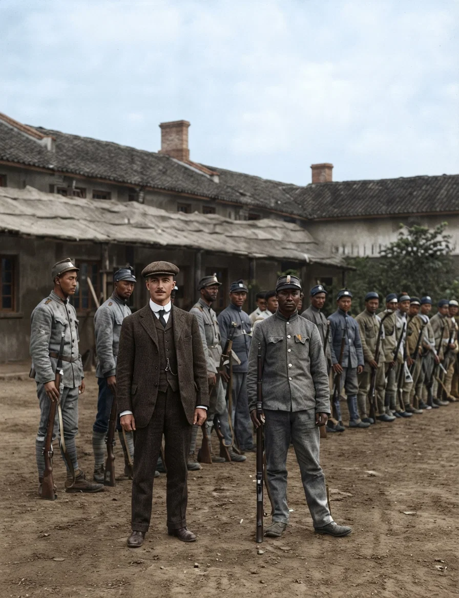 Company of rebel soldiers. Mr. Stafford, our correspondent, in the foreground at the left; at his left a soldier who was formerly his principal man at the Commercial Press, doing all the three-color photograph work, and all the photo-finishing, and has finished nearly all the pictures which we have received for the "Signs" since Mr. Stafford went to China.