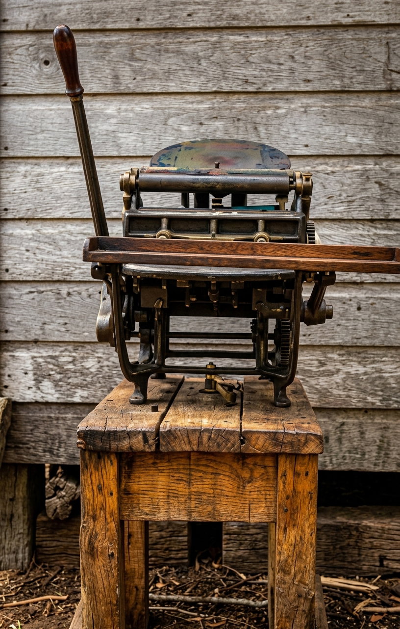 Small hand press on a wooden stand