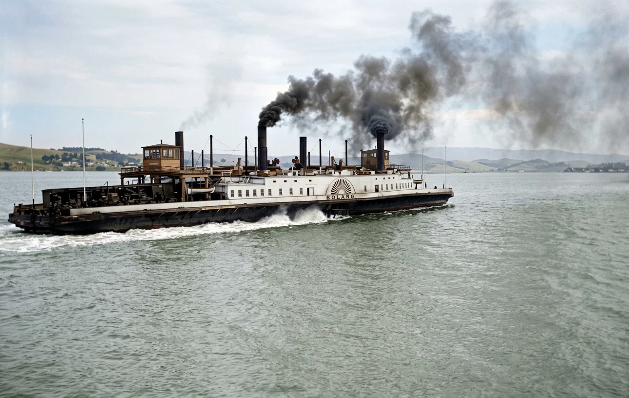 CALIFORNIA SCENERY, No. 17.—California is noted for big things, good and bad. Our illustration is from a photograph of the monster ferry-boat SOLANO, the largest in the world. It is practically the moving bridge on the Southern Pacific Railway line from Sacramento to Oakland, crossing the Straits of Carquinez from Benicia to Port Costa, a distance of a mile. The SOLANO is 424 feet long, and sufficiently wide to take four trains of cars abreast, the capacity being 24 passenger coaches with two engines, or 48 freight cars. She carries daily from 300 to 600 cars, and the usual time of running the cars from the land to the boat, or vice versa, is but little if any longer than it would be to switch the same cars to the same relative positions on land. One needs to be on the boat to appreciate its size.
