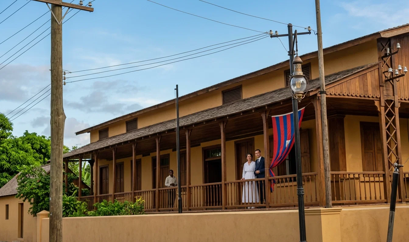HAITIAN MISSION HEADQUARTERS
Photo was taken while revolution was active in the city, indicated by flag. Brother and Sister Albert F. Prieger are standing together on the porch.