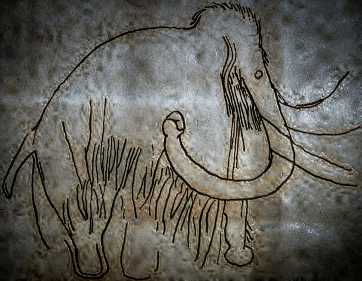 Elephas Primigenous—the mammoth, drawn by primitive man on a cave wall, showing man to have been contemporary with the mammoth.