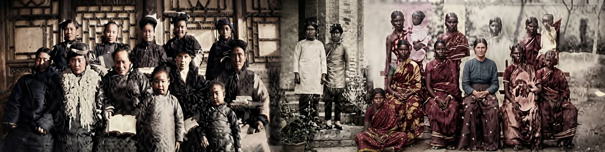 Mrs. B. Petersen and Her Bible Class, Mukden; Students with Unbound Feet; Mrs. E. Thomas and Her Tamil Class, India