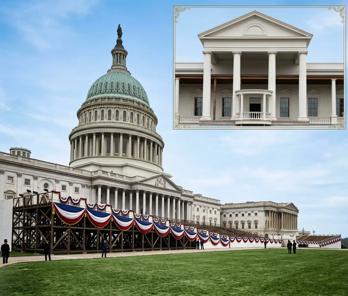 THE CAPITAL AT WASHINGTON, with the stand prepared for the inauguration services. In the upper part of the picture is the reviewing stand of the president, made after the pattern of Jefferson's house at Monticello.