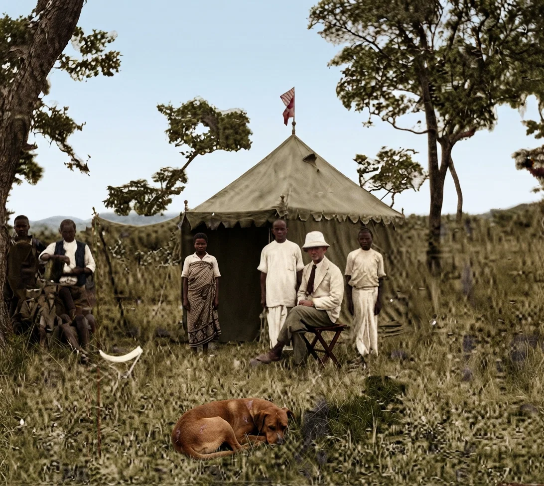 Elder Rogers's two helpers standing beside him—the cook and his young wife to the left. His watch-dog Njobon (Elephant), resting in the foreground, barely escaped the jaws of a leopard in one of his encounters.