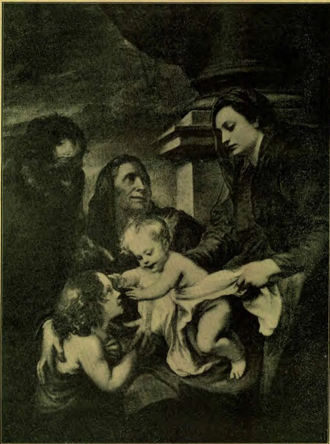 The Infants Jesus and John the Baptist, and Joseph, Mary, and Elizabeth.