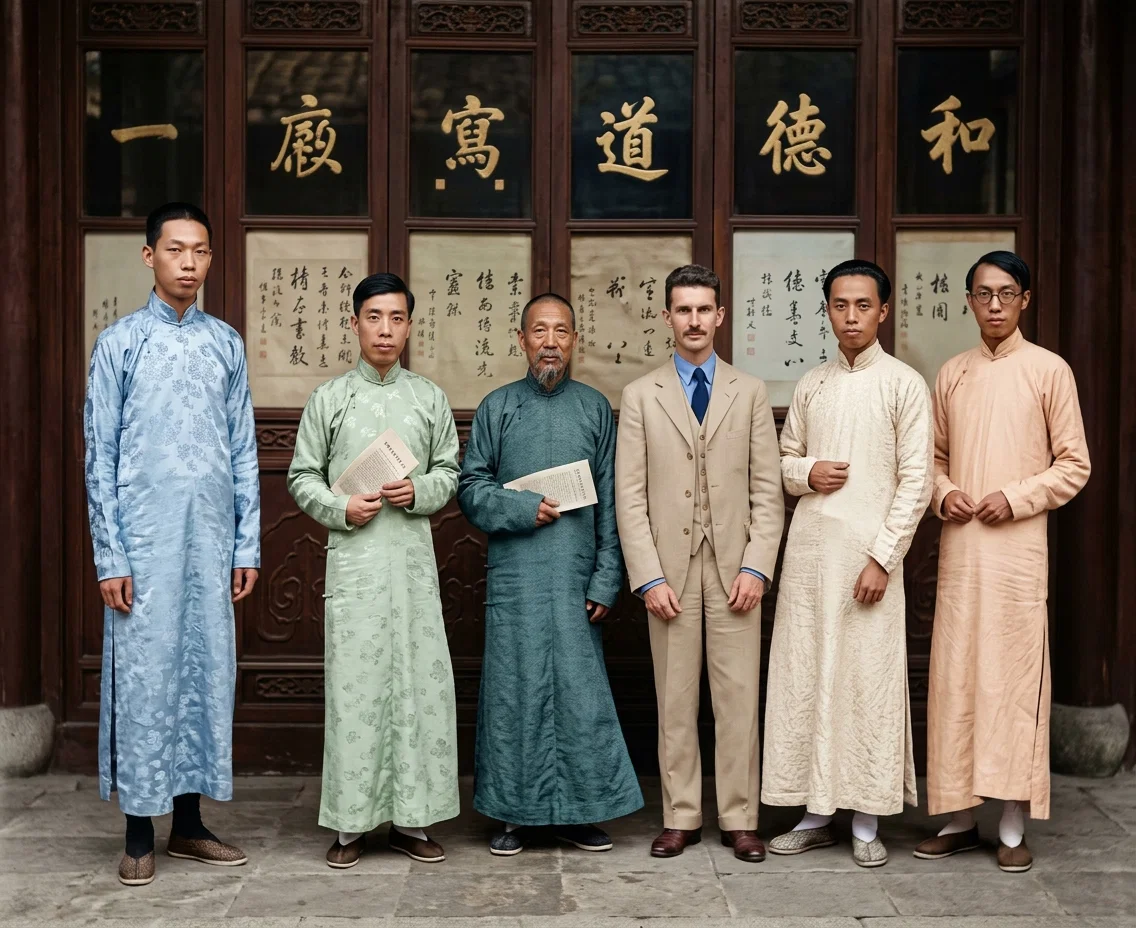 A missionary to China, and his class of students, who are studying the gospel message with him. It is because of classes of this kind that the missionaries in the Orient are so anxious to keep the spirit of friendship among the nations, and to quench the war spirit that is so rampant.