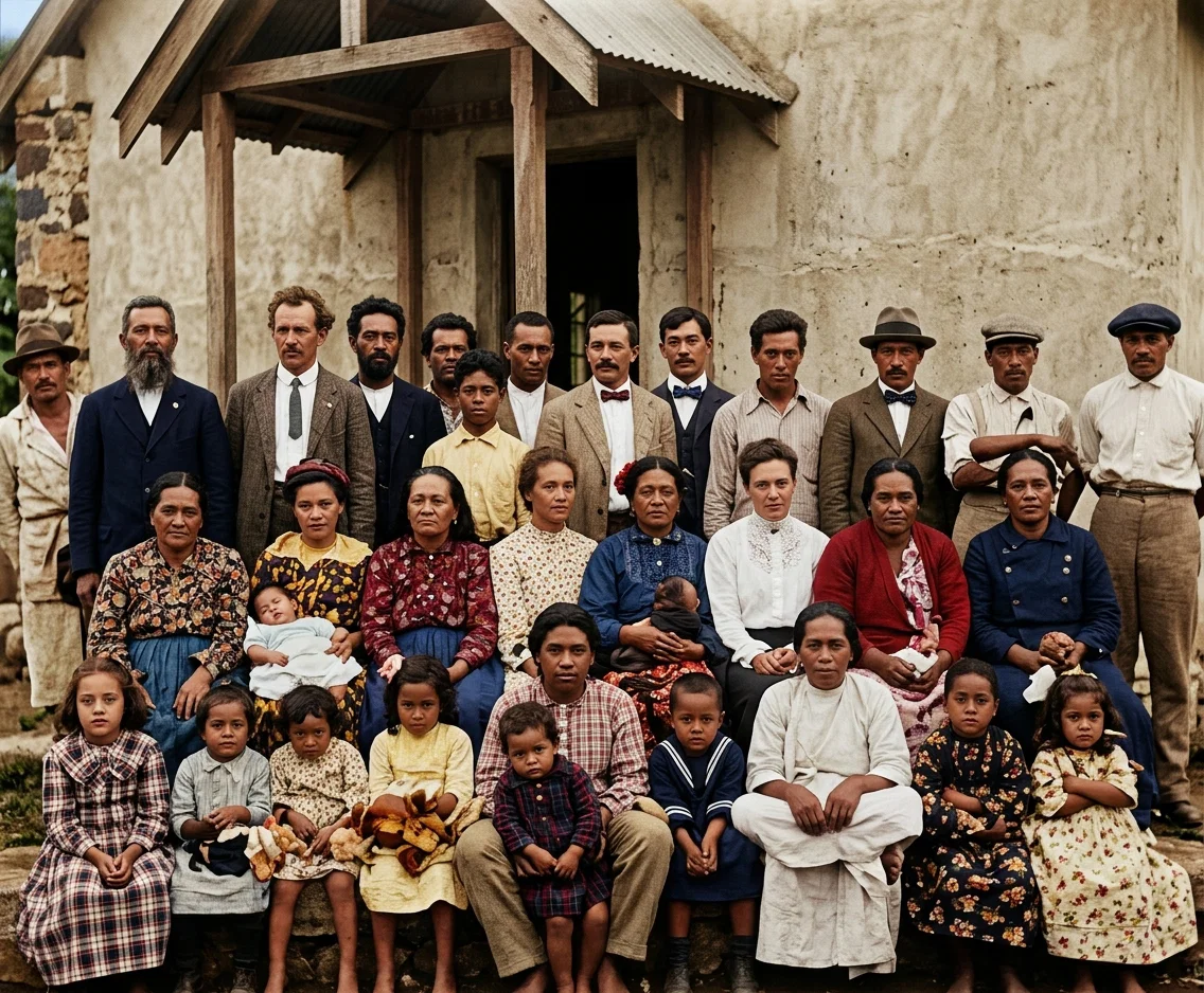 SOME OF THE BELIEVERS IN COOK ISLANDS, AT ENTRANCE TO
THEIR NEW CONCRETE CHURCH BUILDING