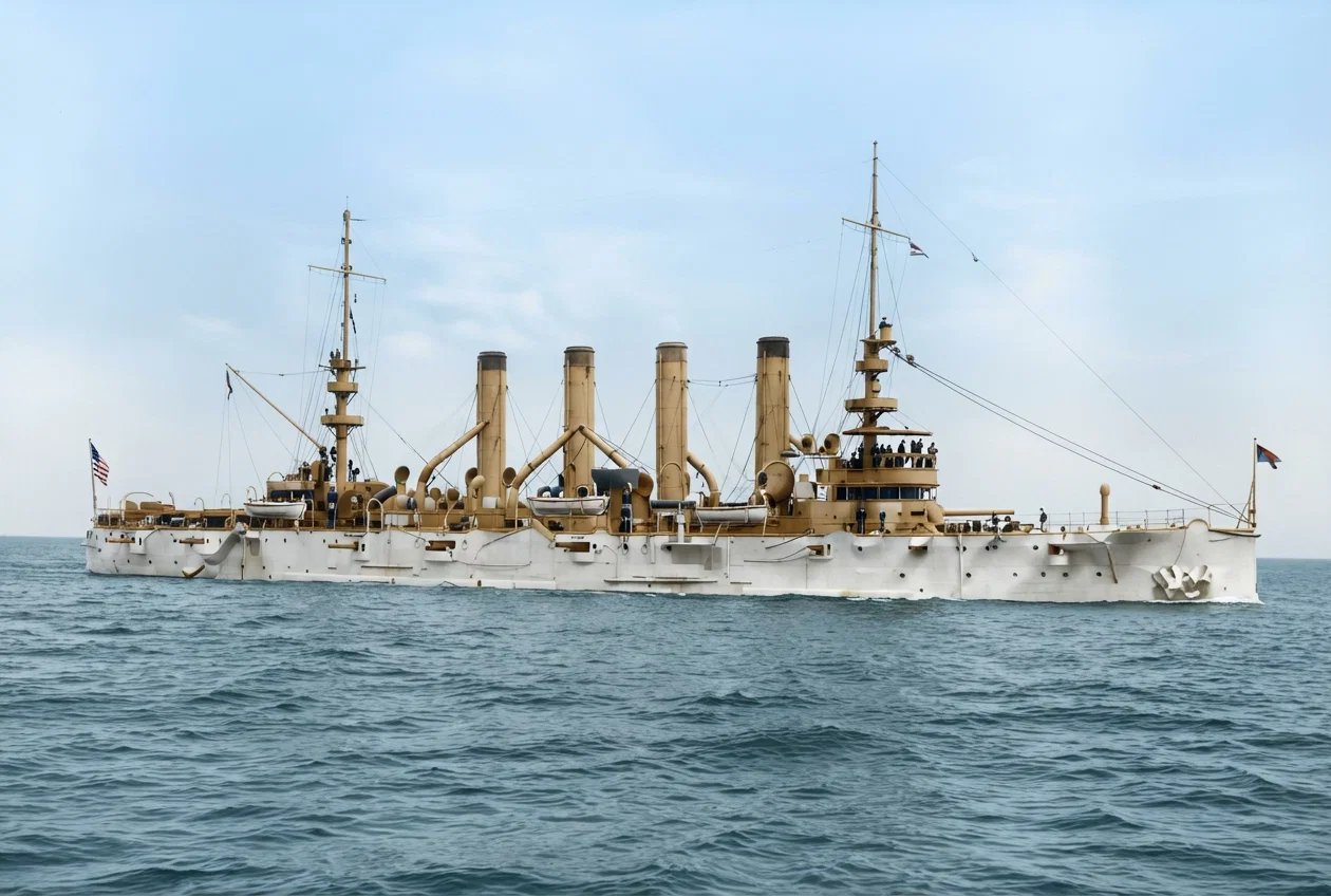 U. S. protected cruiser "Charleston." Type of five others. Displacement, 9,500 tons. Speed, 22 knots. Coal supply, 1,500 tons. Armor: belt, 4 inches, topsides, 4 in.; Deck flat, 2 in.; slopes, 3 in. Whole number cruisers; first-class, 5; second-class 7; third-class, 16.