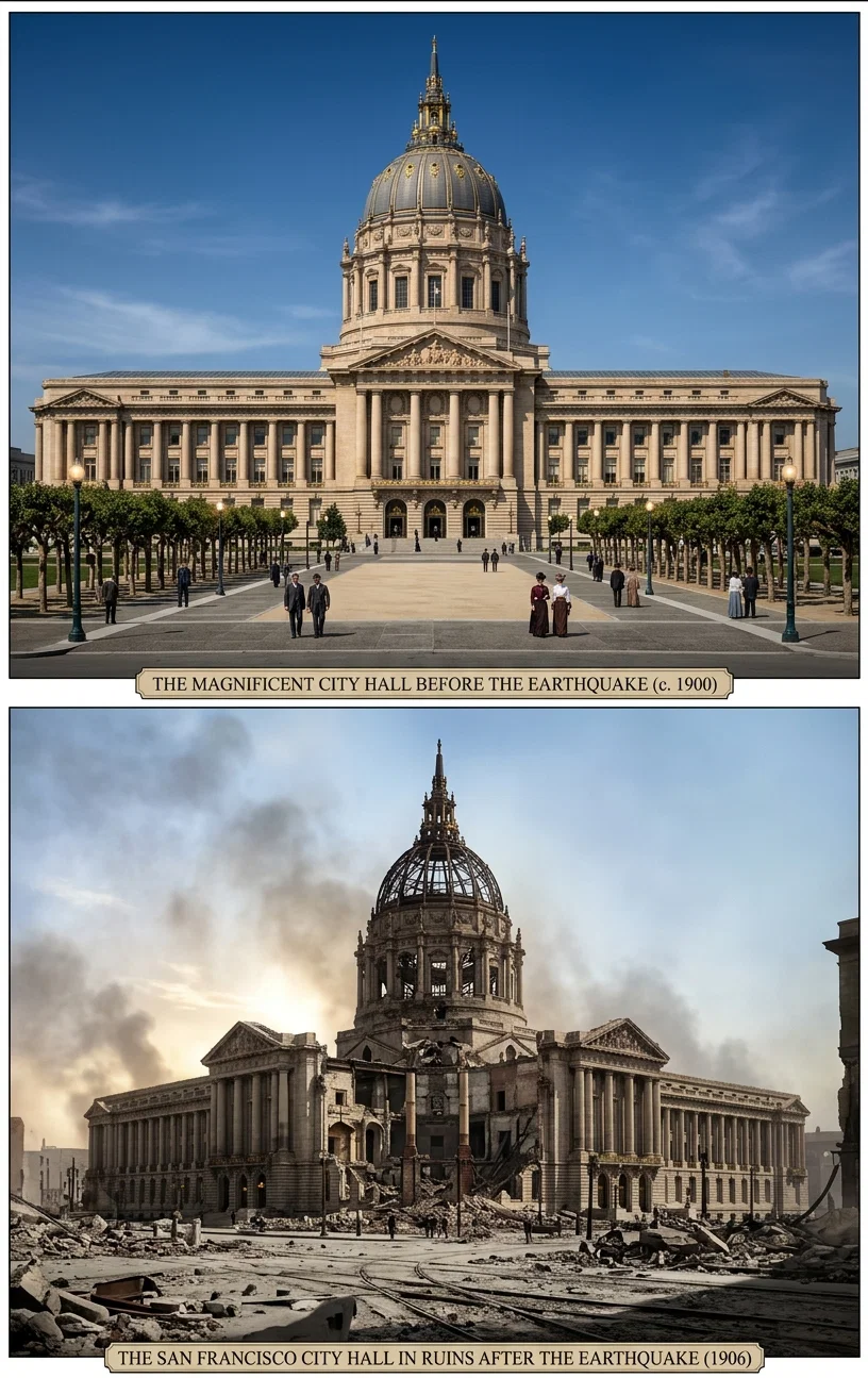 San Francisco's magnificent City Hall, which cost six million dollars, as it appeared before the Earthquake. The lower picture shows it in ruins