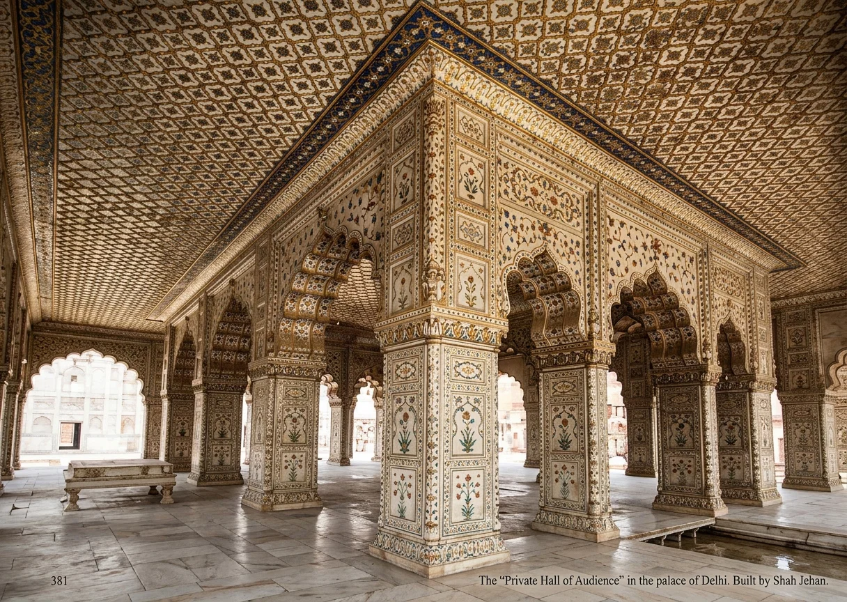 The "Private Hall of Audience" in the palace of Delhi. Built by Shah Jehan. Here none but ministers of State could come for audiences with the Shah. Here stood the famous Peacock Throne, unequaled in history, built of the purest marble, in the old days with ceiling of pure silver, and with the most marvelous inlaid mosaic of all manner of precious stones. Its ancient magnificence must have been beyond description. In this building is the famous inscription in Arabic:
