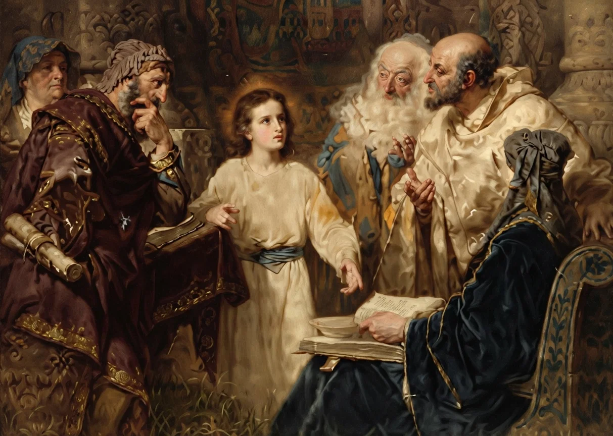 Hofmann Jesus in the Temple with the Doctors "In the midst of the doctors, both hearing them, and asking them questions." Luke 2:46.