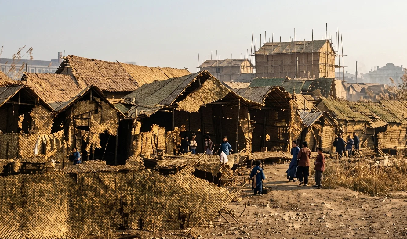 Mat sheds in Hankow, in which thousands have lived since the war there, when the city was burned.
