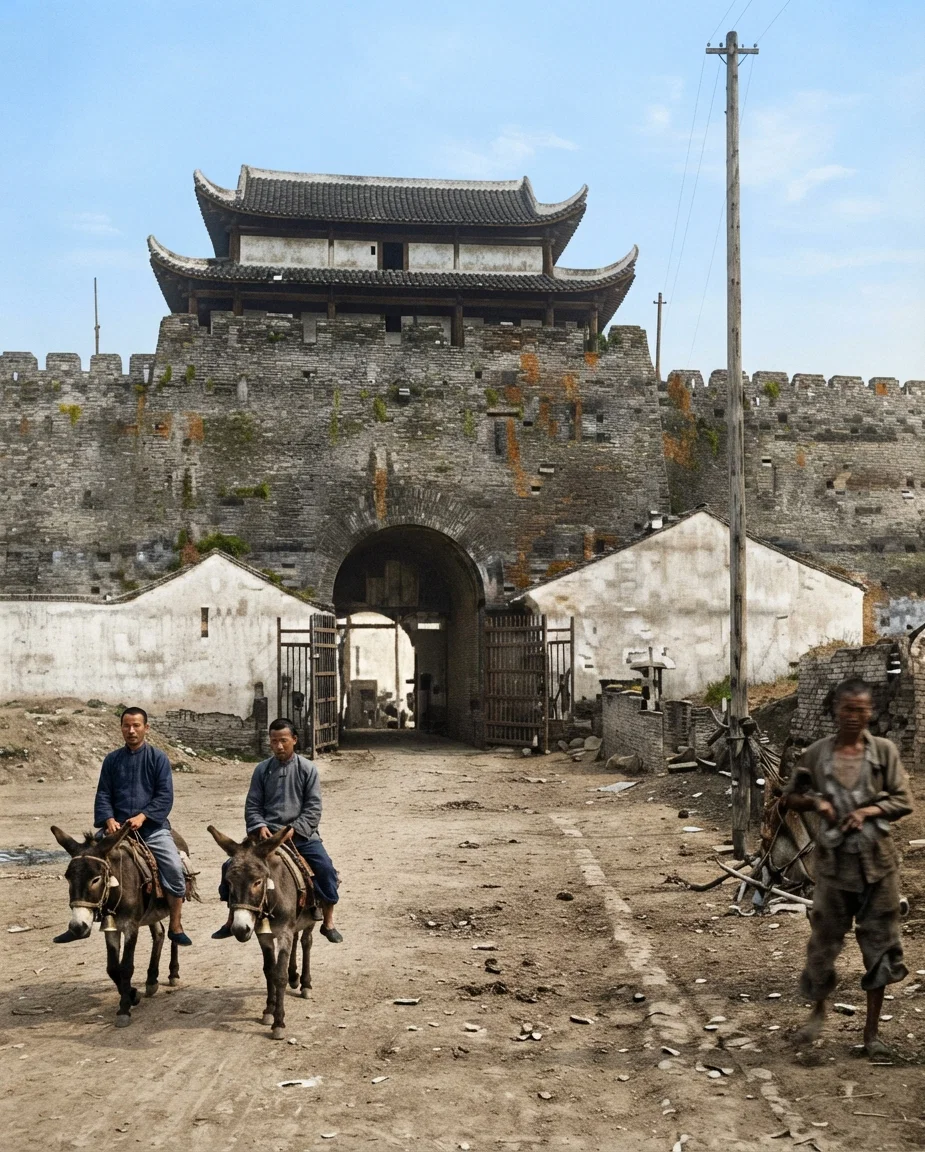 The north gate of the city of Nanking, the entrance from Hsia Gwan. The wall is very high and wide at this point. Two men at the left are riding donkey-back.