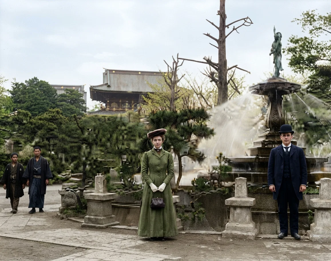 A fountain in Asakusa Park, Tokyo, Japan. The figures in front are Brother and Sister Sparks.