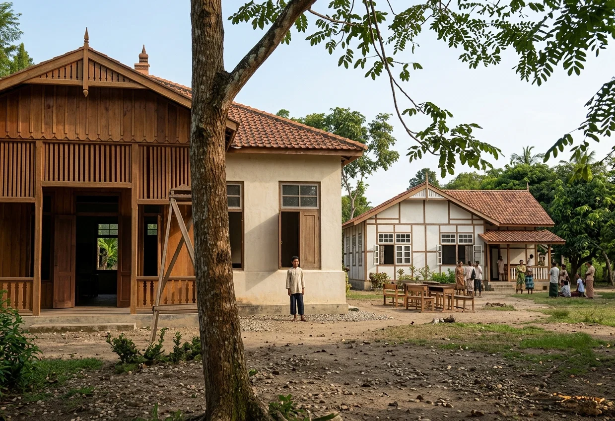 FRONT VIEW OF SCHOOLHOUSE JUST ERECTED AT PADANG, SUMATRA, WITH MISSION HOME COTTAGE IN REAR