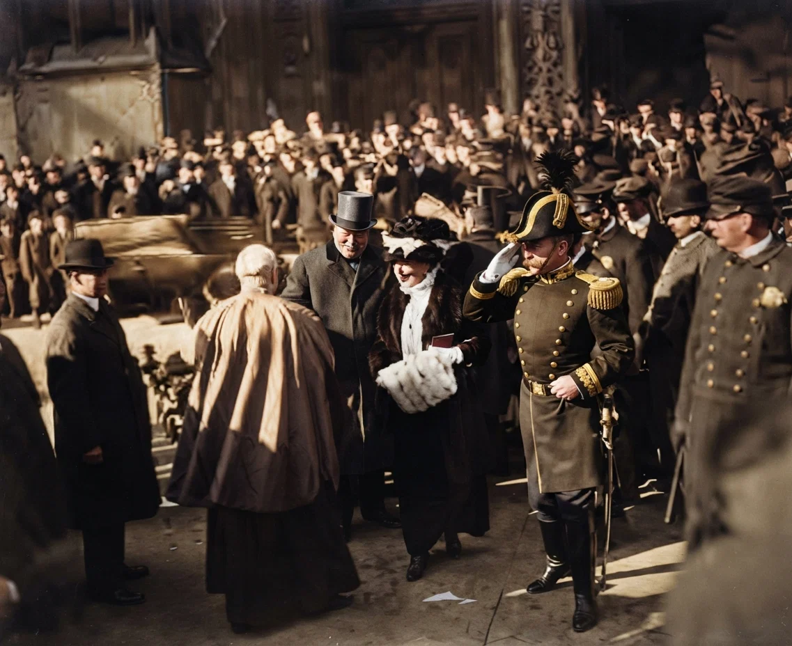 A photograph of President Taft, Mrs. Taft, and Major Butt, arriving at St. Patrick's Church, Washington, for the Thanksgiving mass