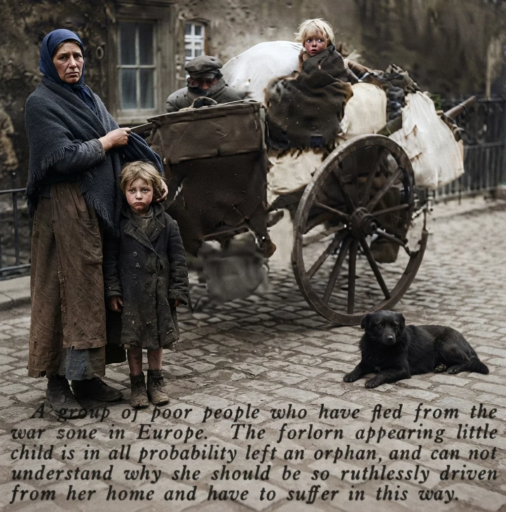Photograph by Underwood & Underwood, N. Y. A group of poor people who have fled from the war zone in Europe. The forlorn appearing little child is in all probability left an orphan, and can not understand why she should be so ruthlessly driven from her home and have to suffer in this way.