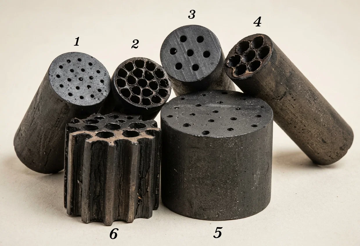 The Slow-Burning Powder.—1, 3, and 5 are the powder before it is fired and 2, 4, and 6 after firing. From this cut it is evident that as the powder is ignited and has to burn off through the small holes, the force keeps getting greater and greater as the inner surface becomes enlarged by the burning.