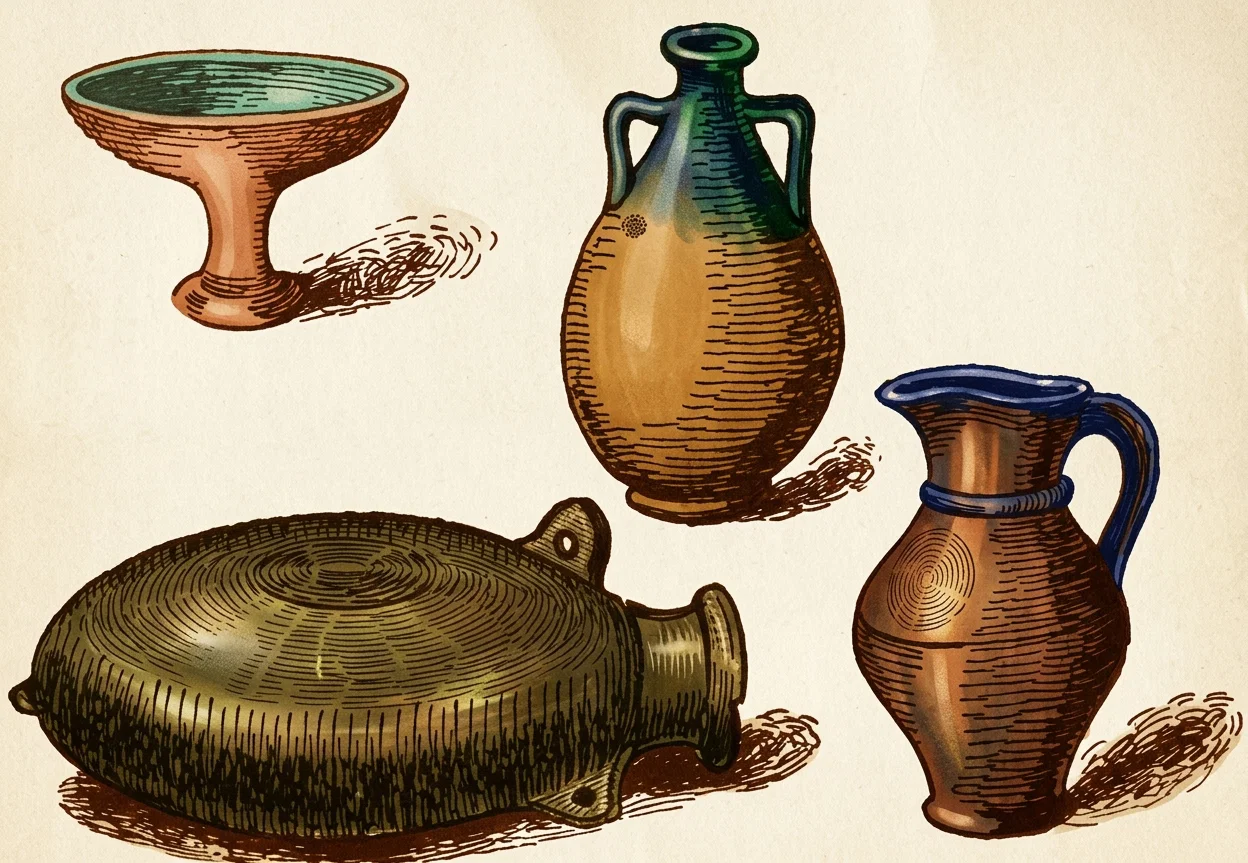 Vases and drinking vessels of Chaldean manufacture. Some are glazed, and possess much beauty. Vessels of burnt clay are sometimes found seven feet long, three feet high, and two feet across. These inverted were used as sepulchers.