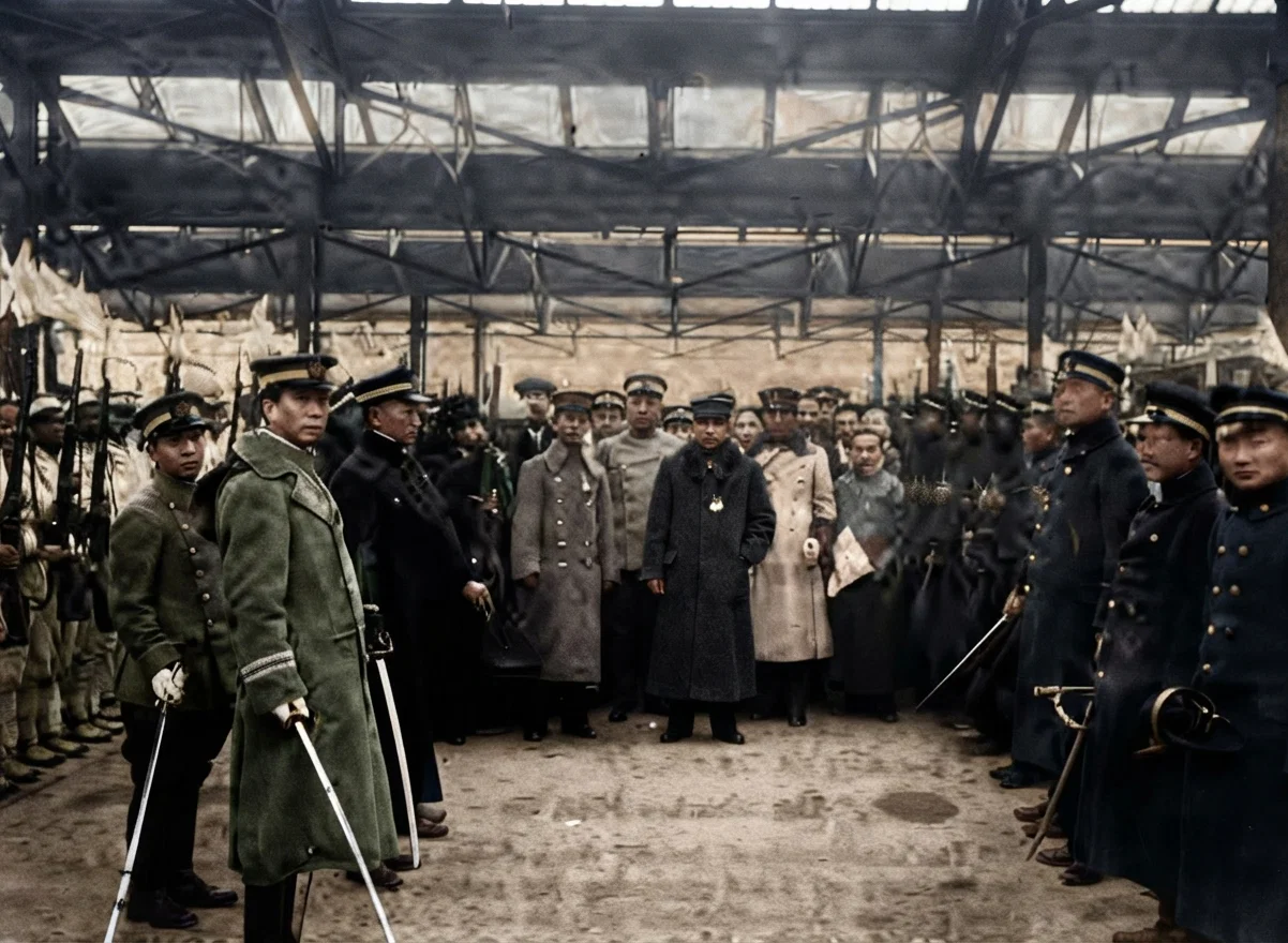 Sun Yat Sen at the railway station in Shanghai, ready to take the train for Nanking to take the oath of office and set up the new government. Dr. Sun is the central figure in dark overcoat.