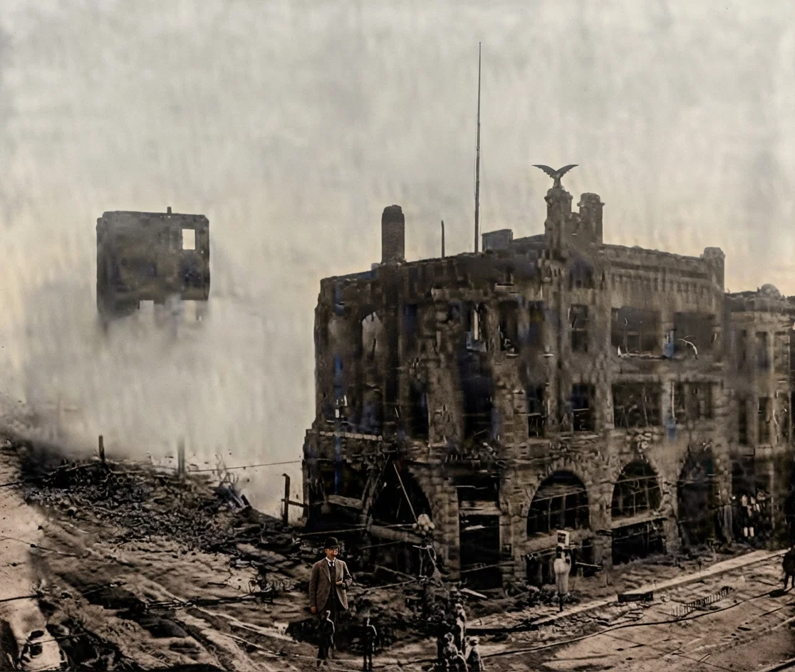 Scene after the fire, the magnificent "Times" Building in ruins