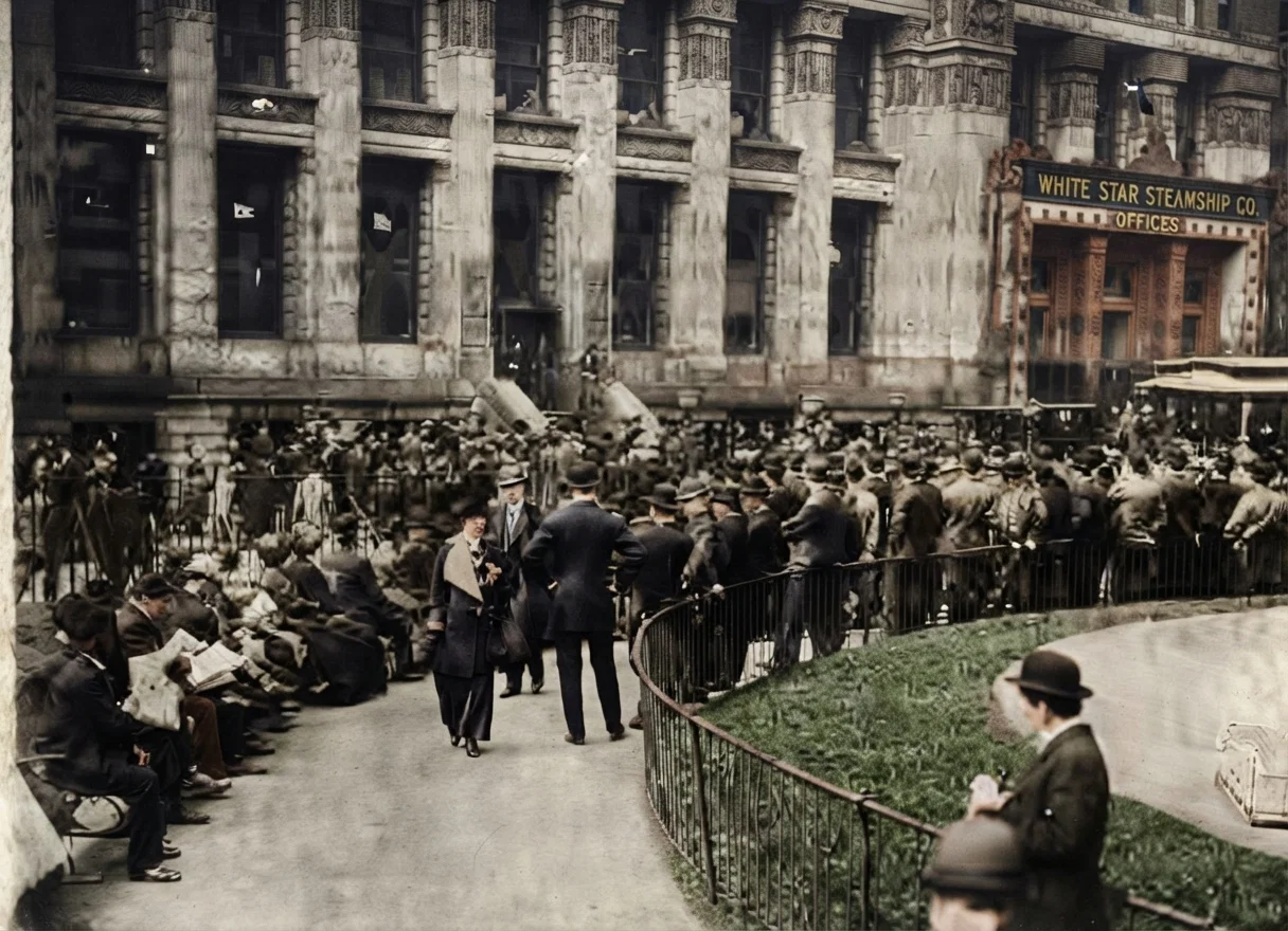 Crowd in front of the office of the White Star Steamship Co., New York City, anxiously awaiting news from the ill-fated Titanic, even tho it was given out that all hope was gone