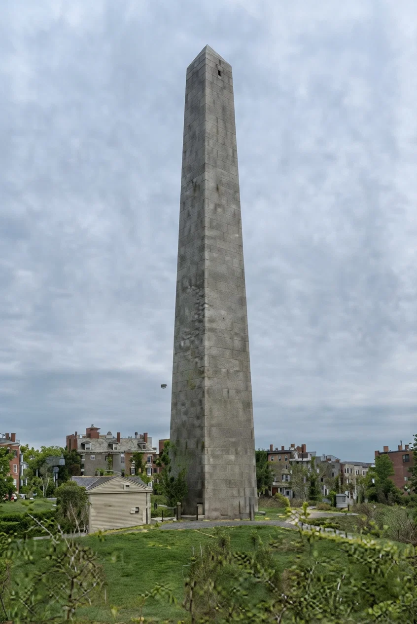 Bunker Hill Monument, Breed's Hill, Boston. Corner stone laid June 17, 1825, the fiftieth anniversary of the battle of Bunker Hill. Daniel Webster delivered the address. Lafayette was present. Of Quincy granite, 221 feet high, 30 feet square at the base, 15 feet square at the spring of the apex; 295 steps to the top.