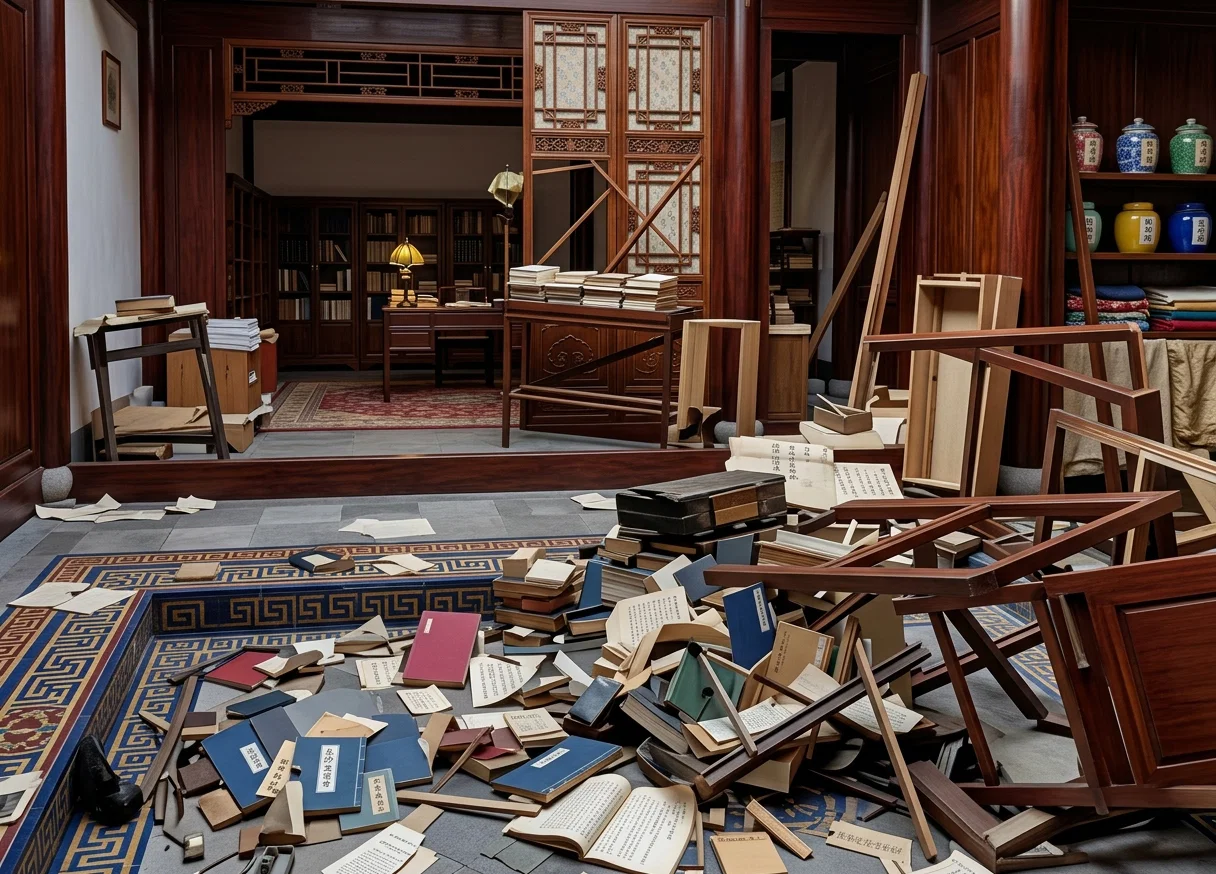 VIEW ACROSS THE COURT INTO BROTHER LAIRD'S STUDY. BETWEEN THE CROSSES A PARTITION WAS TORN OUT BY THE RIOTERS