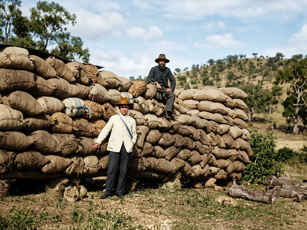 PORTION OF PEANUT CROP AT SOLUSI MISSION
Elder M. C. Sturdevant sitting on bags, Brother Victor Wilson standing