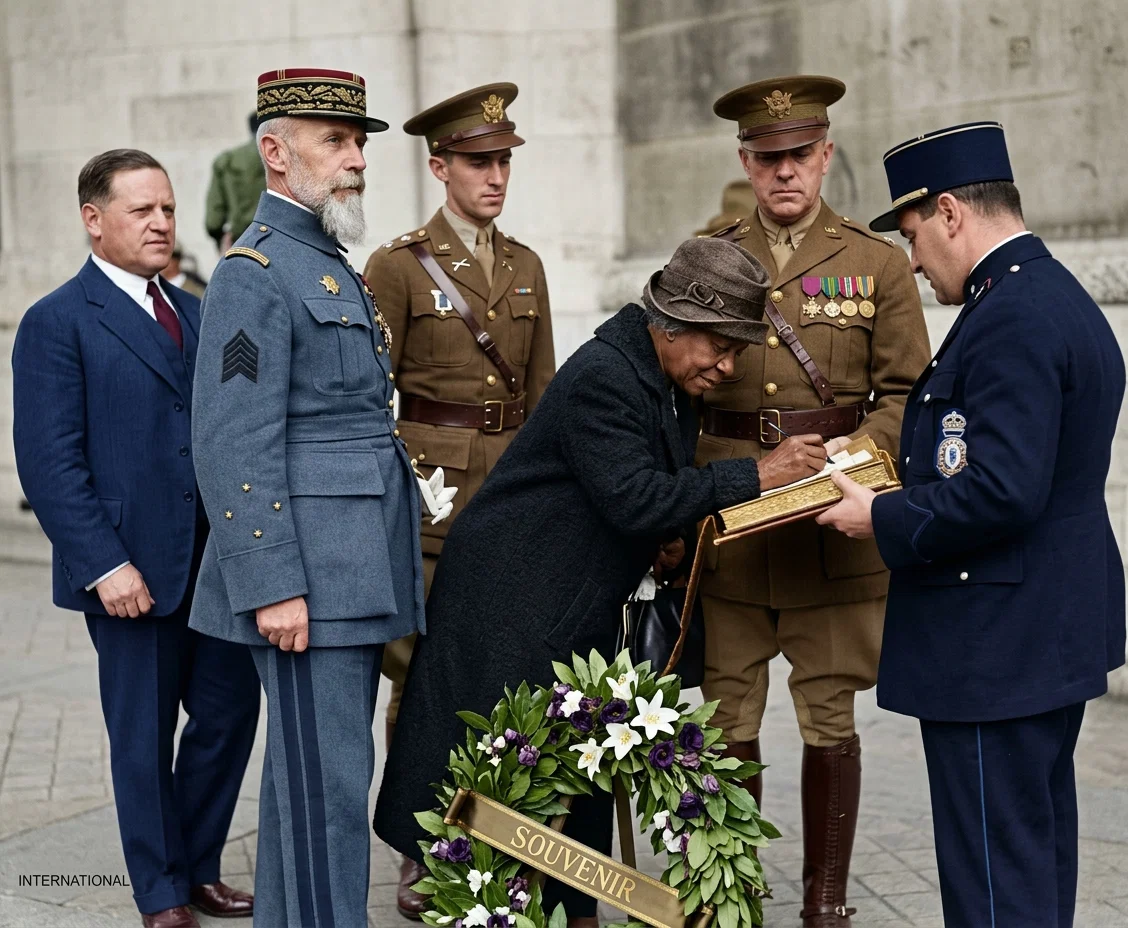 A negro war mother of America signing the golden book at the Arc de Triomphe after placing a wreath at the tomb of the “Unknown Warrior” of France.