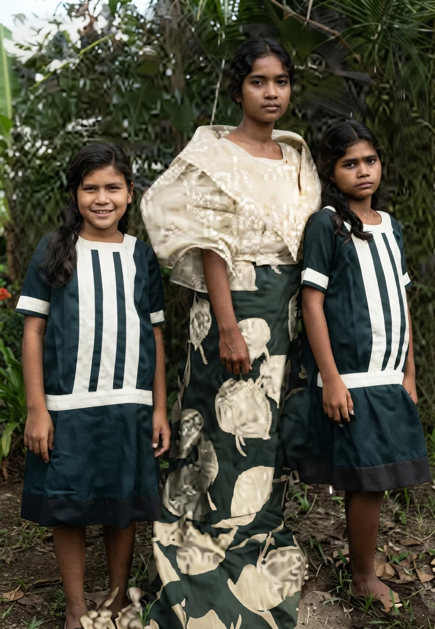 Left: Mission printing office, Manila. Center: Printing office force, translators and workmen. Right: Printers' cottage, Manila. Lower: A native Sabbath school teacher and her sisters.
