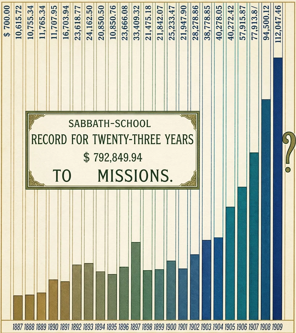 This diagram is reprinted from the Sabbath School Worker. It is encouraging, when unanswered calls are ringing in our ears from every mission field, to see the Sabbath-school gifts for missions so vigorously growing. We understand that the full reports for last year are very sure to show the column for 1910 the tallest of all. Let us thank God for all that this means in hastening the work onward, and keep the columns growing.
