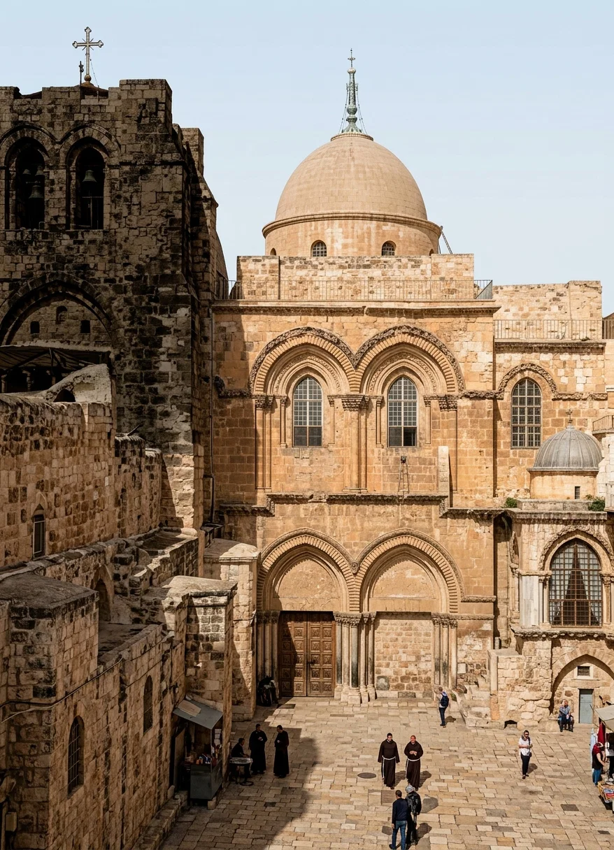 “CHURCH OF THE HOLY SEPULCHER,” Jerusalem, supposed to cover the spot where Jesus was buried. Here Greek and Roman Catholics are kept at peace only by the interference of Moslem soldiers. It is a fitting object-lesson of any religion which calls its devotees back to the worship of empty forms or of a dead past.
