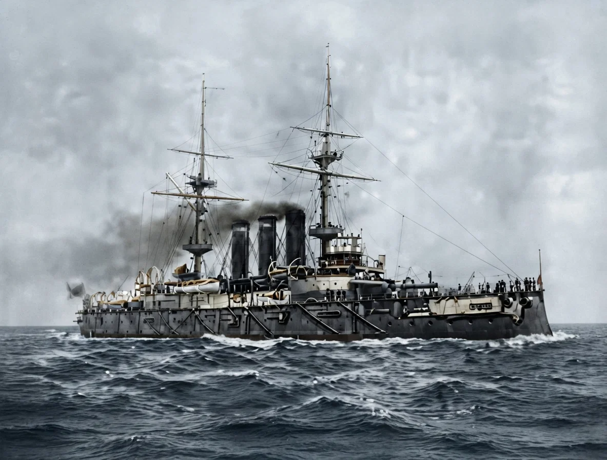 Japanese battle-ship "Shikishima." Displacement, 15,000 tons. Speed, 18 knots. Guns: 4 12-inch; 14 6-inch; 20 12-pounders, and 8 3-pounders.