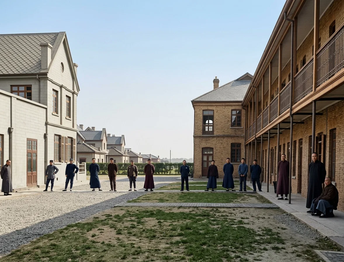 REAR VIEW OF SHANGHAI MISSION COMPOUND
Chapel and offices at left, Chinese quarters at right.