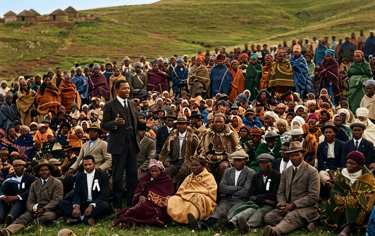 A BASUTOLAND (AFRICA) CONGREGATION LISTENING TO THE MESSAGE. THE MEN SEATED NEAR THE FRONT ARE CHIEFS. THOSE BAPTIZED ARE SITTING AT THE LEFT OF PASTOR O. K. BUTLER