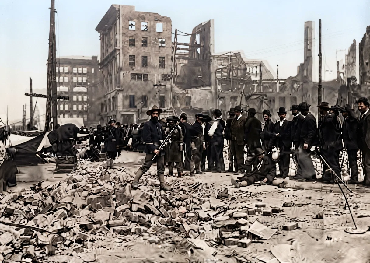 A view in San Francisco showing the reign of martial law and the needs of the survivors of the awful calamity. The men with muskets are soldiers standing guard over a typical bread line, men in rank receiving bread as it is dispensed at one of the many temporary commissary departments. Such ruins as these may be seen everywhere in the burnt district.