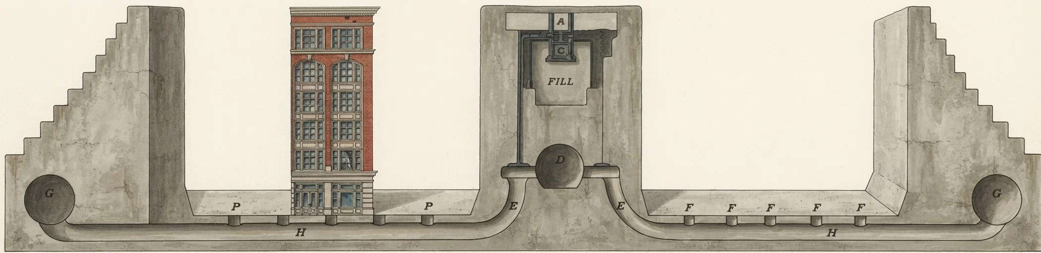 The water from Gatun Lake is admitted through culverts D and G, which are larger than average railway tunnels, and from them through the smaller laterals E and H and wells F into the bottom of the lock chambers. The laterals extending from the middle wall feed in both directions, thus permitting passage of water from one twin lock to the other. The six-story building shown gives another idea of the depth of these lock chambers.