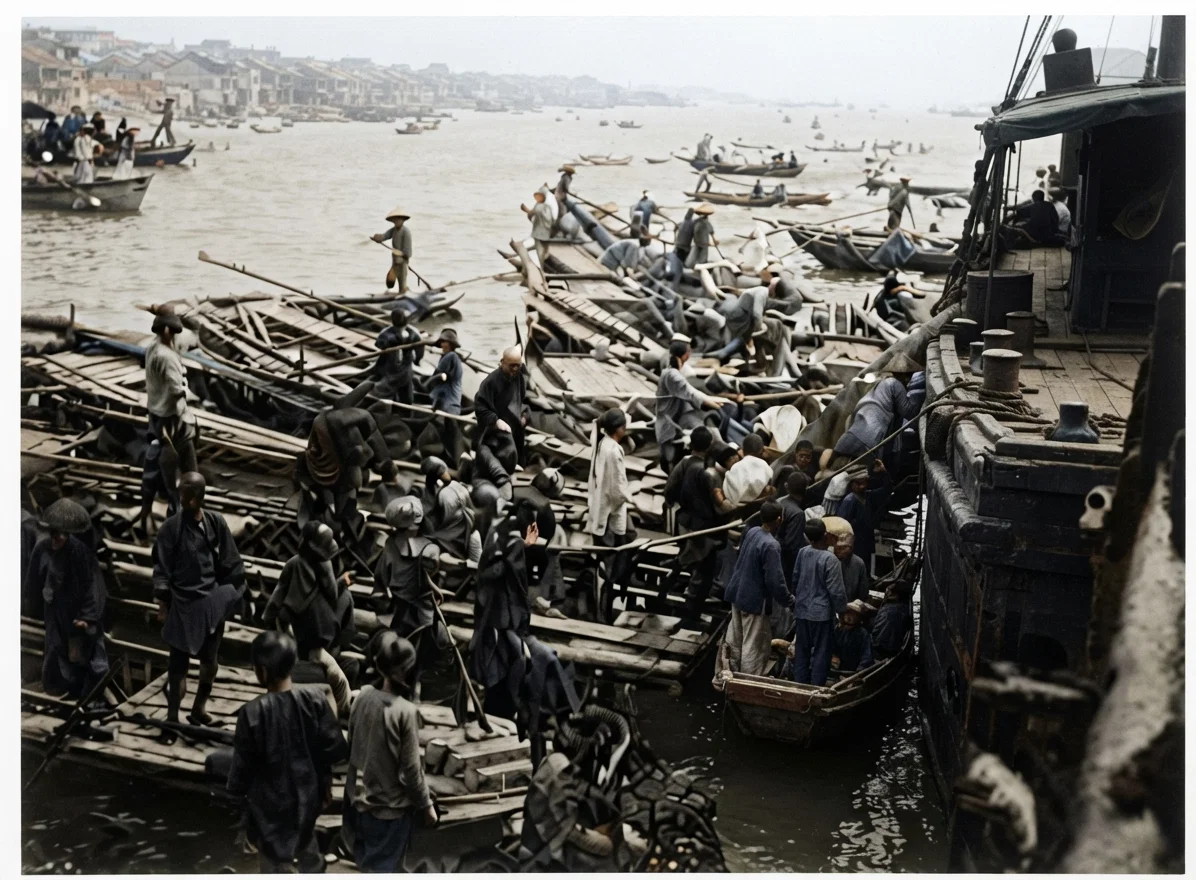 Small Boats around a Steamer Landing at Amoy, China. A Scramble for Patronage.