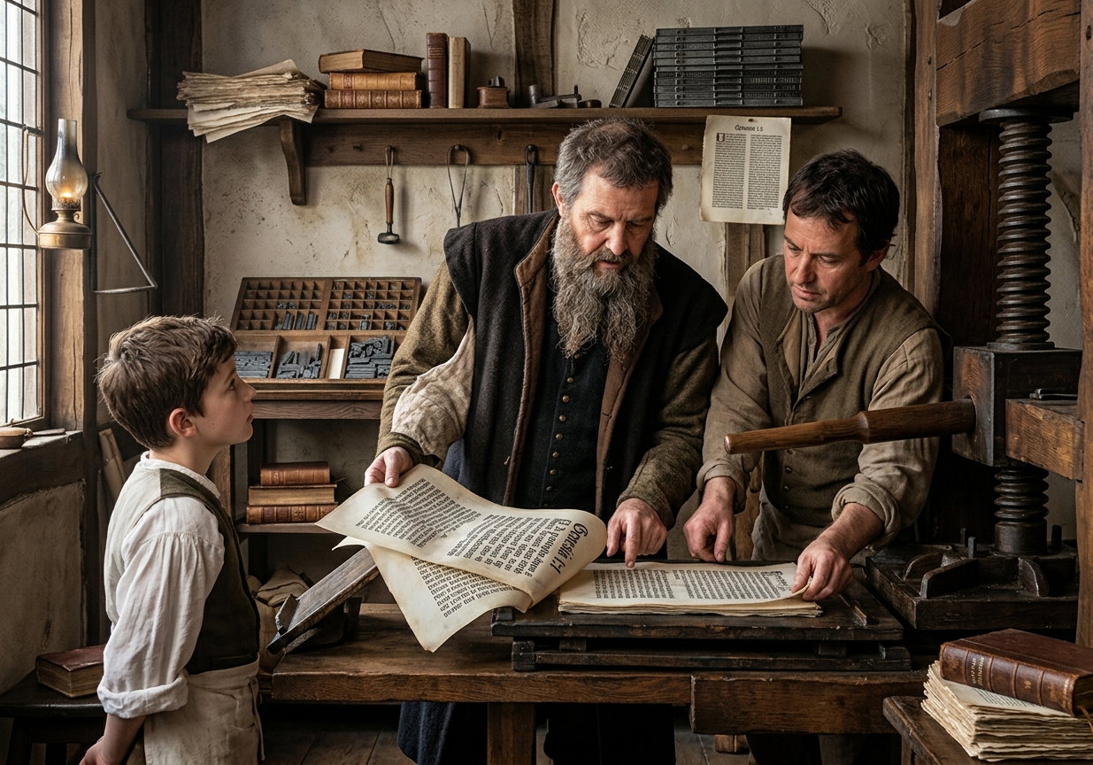 Gutenberg at work at his printing press