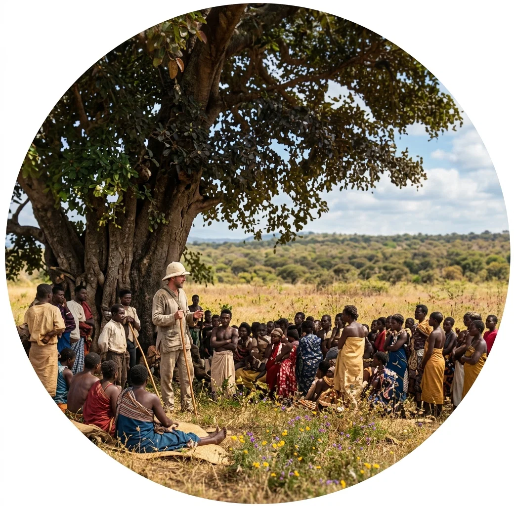 STARTING A SCHOOL UNDER A TREE NEAR MORO-KORO, CENTRAL AFRICA, BY LONDON MISSIONARY SOCIETY