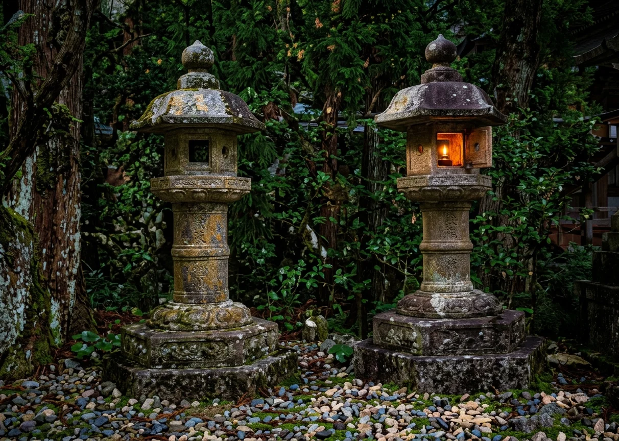 Stone Lanterns or Towers About Eight Feet High, Seen on Buddhist Grounds in Great Numbers. Formerly Used for Holding Lights.