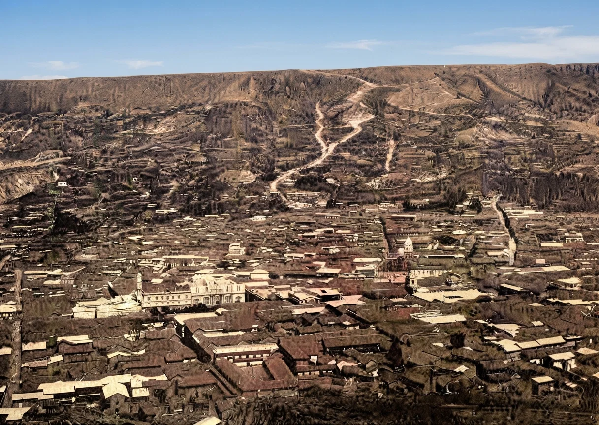 "YOUR TRAIN SUDDENLY STOPS AT THE BRINK OF A GREAT CREVICE, MILES WIDE AND A THIRD OF A MILE DEEP, IN THE BOTTOM OF WHICH LIES THE ANCIENT AND TRULY WONDERFUL CITY OF LA PAZ"