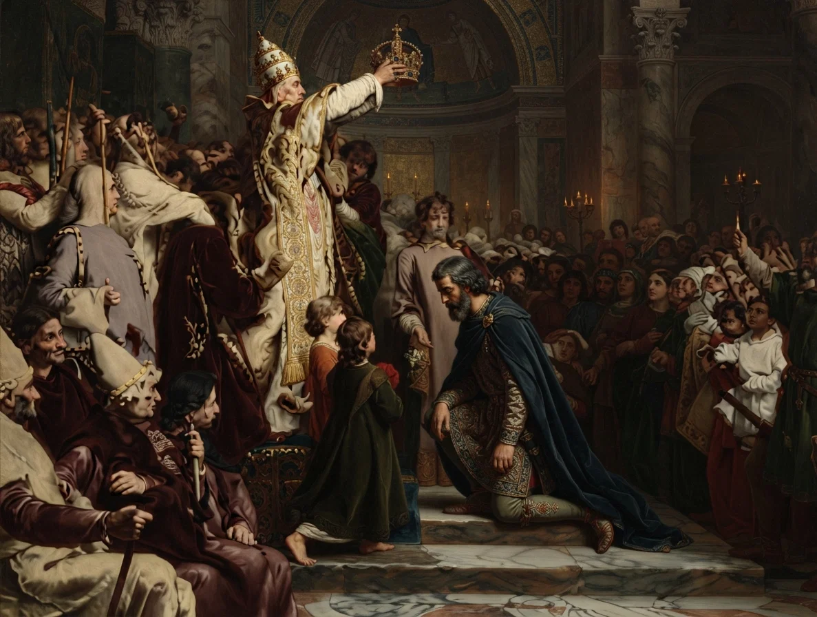 POPE LEO III CROWNING CHARLEMAGNE AT ROME IN 800 A. D.