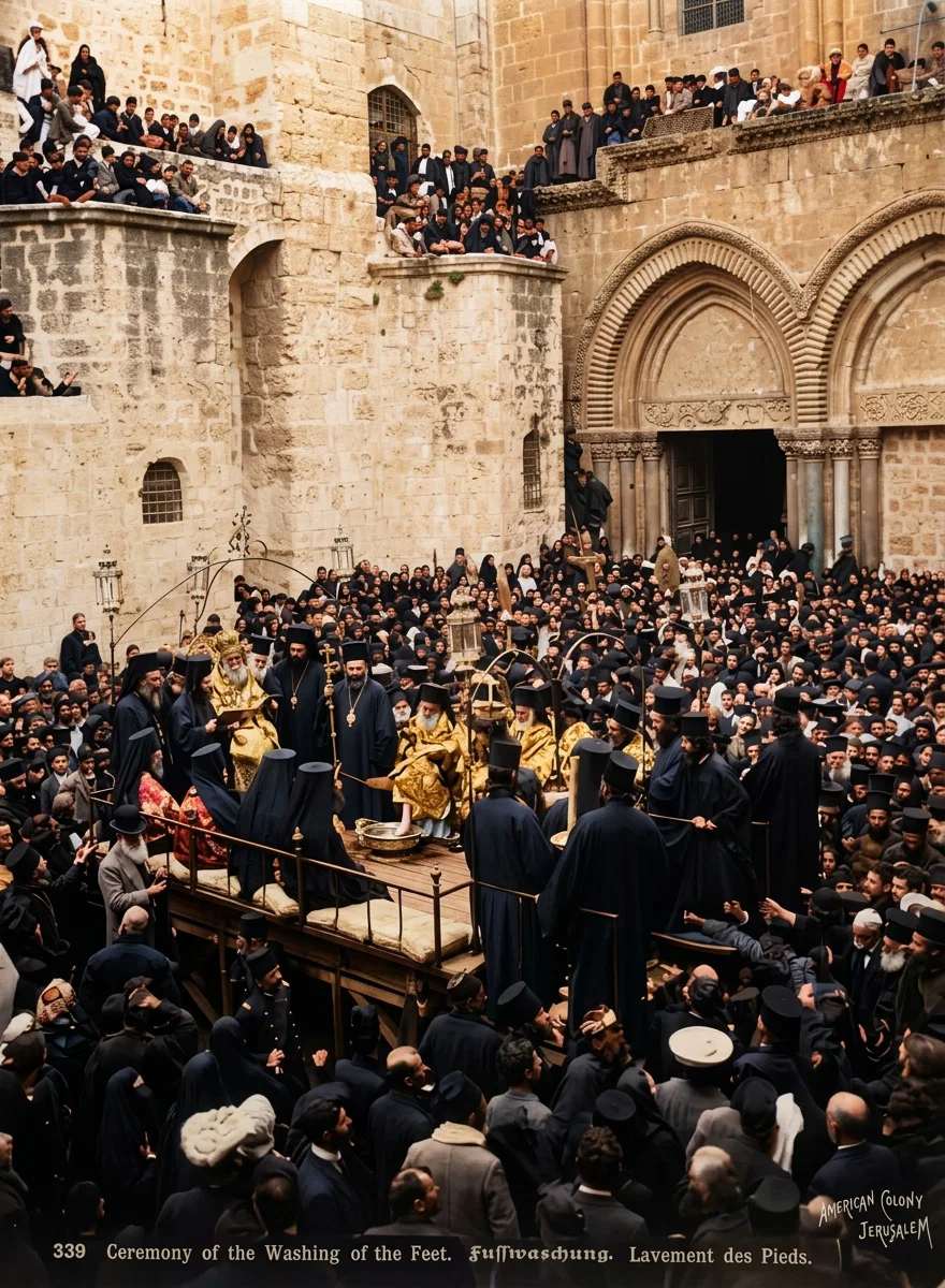 On a raised platform the Greek patriarch washes the feet of twelve priests.