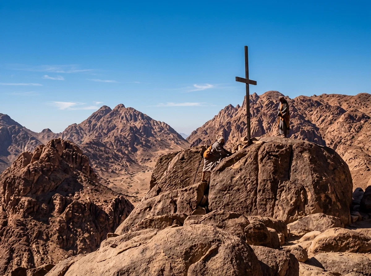 The cross in the above picture marks the spot on the huge rock where Moses is supposed to have stood when he read the commandments and the book of the law in the hearing of all Israel. The place surrounding this stone rostrum is a natural amphitheater where the great multitude could have stood to give audience.