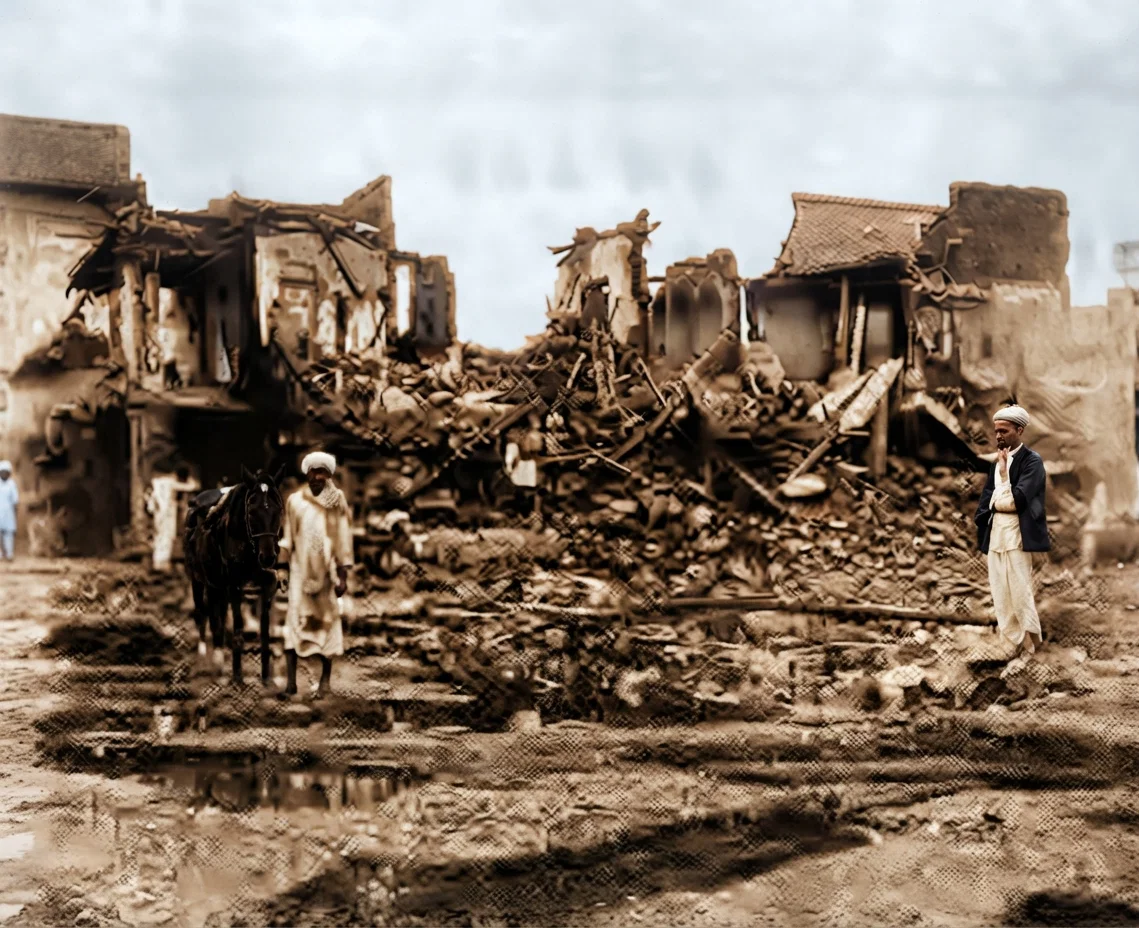 Wrecked houses in a better portion of city destroyed by flood, Sept. 28, 1908, at Hyderabad City, Hyderabad, India.