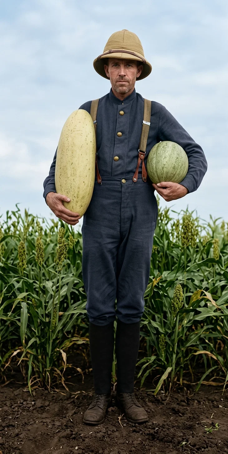 J. D. Baker, with melons grown at the mission-farm