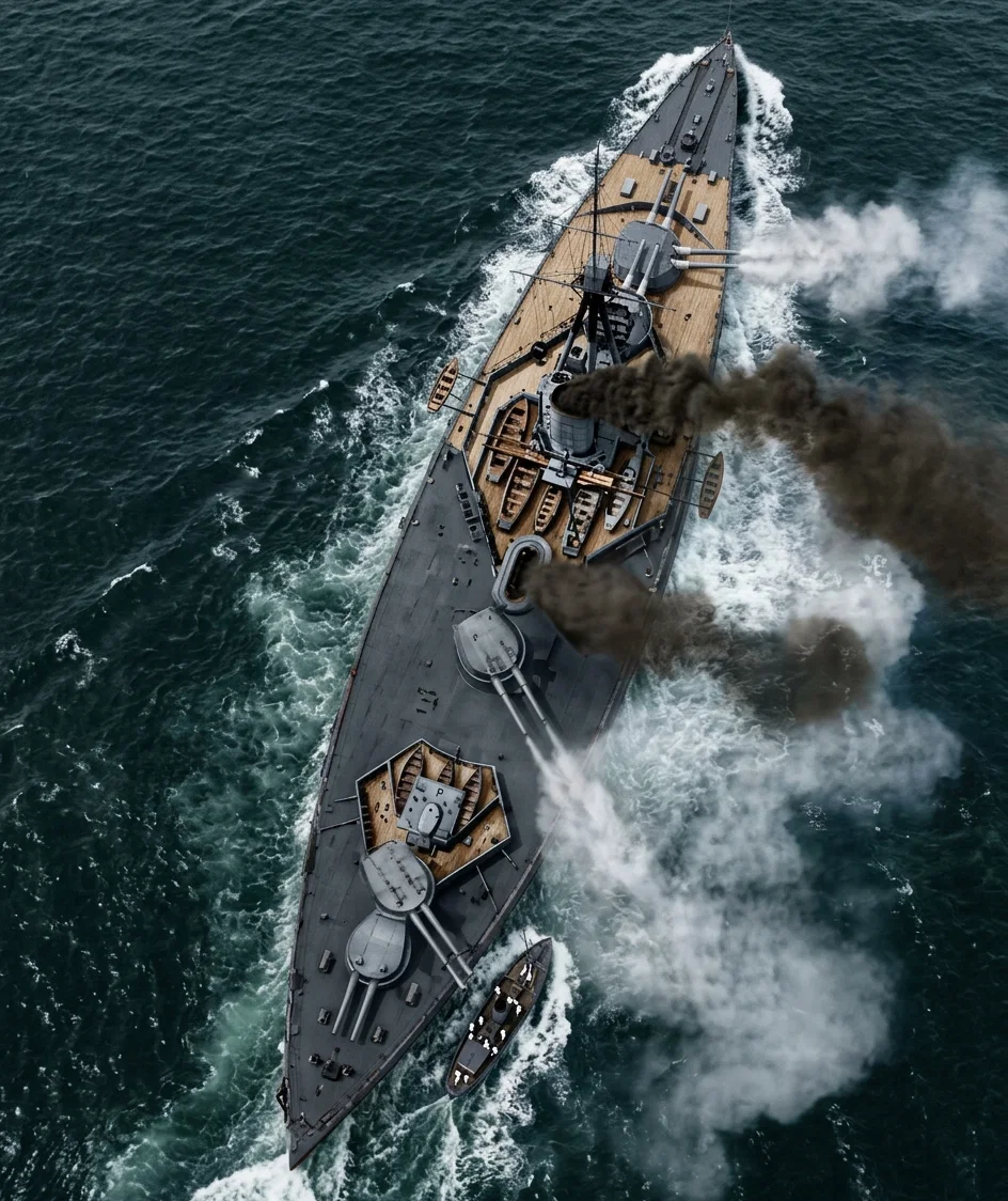 The Monarch, England's latest improved war-ship of the Dreadnought type. She carries but one military mast, and is so built that she has the least possible superstructure, so that "every scrap of unnecessary gear may be done away with." She can fire a broadside of ten 13.5 guns, each projectile weighing 1,250 pounds. She has a displacement of 22,500 tons, and 27,000 horse-power. Her small boats, two of which are shown in the cut in the act of being launched, are provided with "shelter screens," so that they may be protected from the fire of the enemy.
