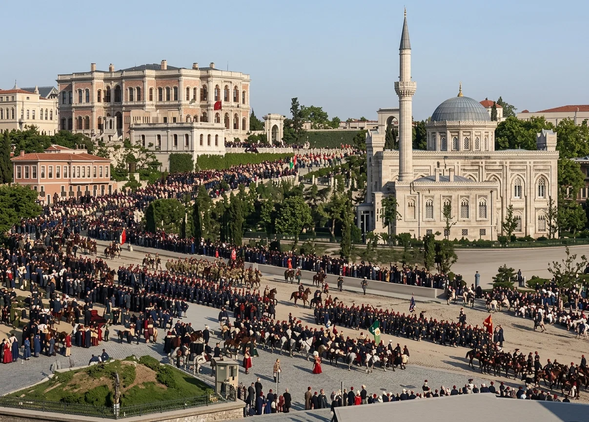 A VIEW OF THE SELAMLIK

The building to the right with the minaret is the Hamidieh Mosque, where the sultan worships every Friday. The large building to the left is the sultan's palace.